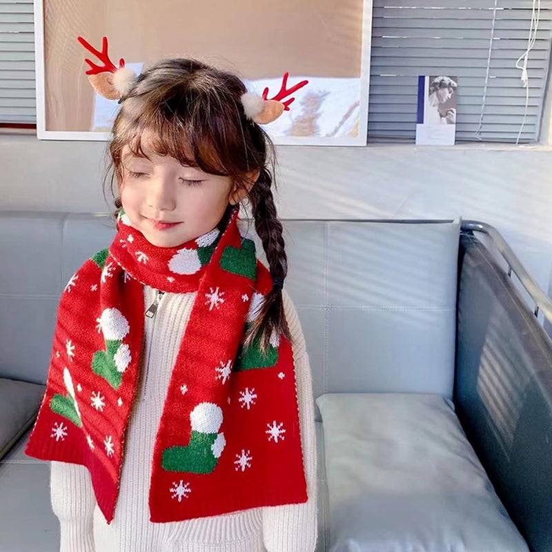 Felite Fnn Kids Christmas Reindeer Snowflake Scarf Fall Winter Warm Knit Scarf - Image 2
